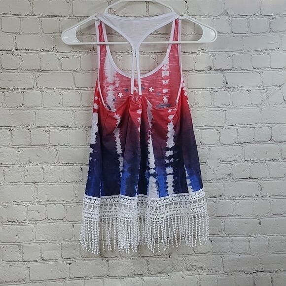 Women's Americana Tie Dye Red White Blue Tee BLESSED Crop Tank Top Lace Fringe - Picture 2 of 8